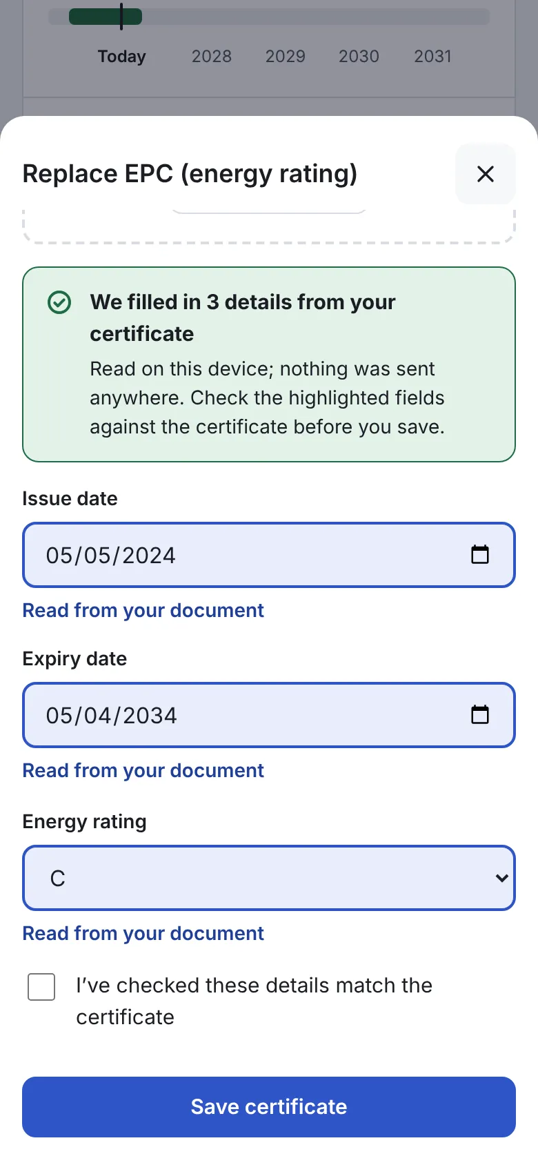 BeCert has read an uploaded EPC and filled in the issue date, expiry date and energy rating C, with a box to confirm the details before saving.