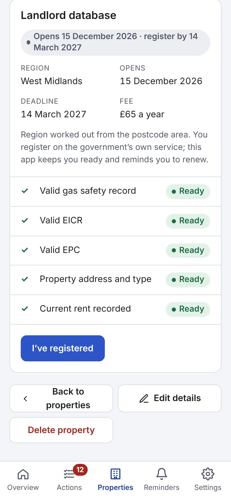 BeCert landlord database checklist for a West Midlands property: opens 15 December 2026, deadline 14 March 2027, £65 a year, 5 of 5 items ready.