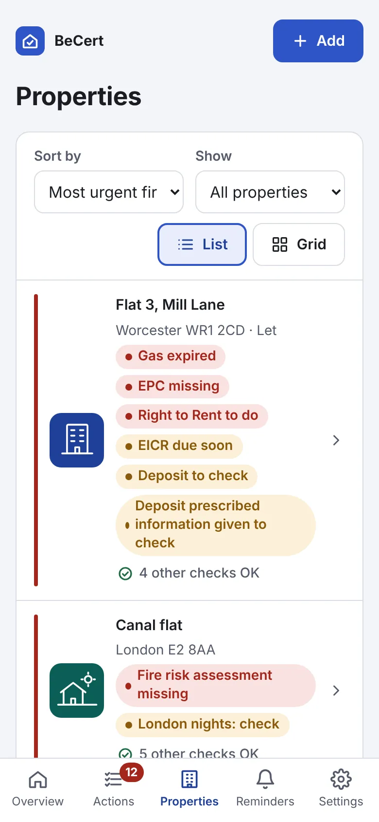 BeCert properties list sorted by most urgent: Flat 3, Mill Lane shows gas expired, EPC missing and Right to Rent to do; Canal flat shows fire risk assessment missing.